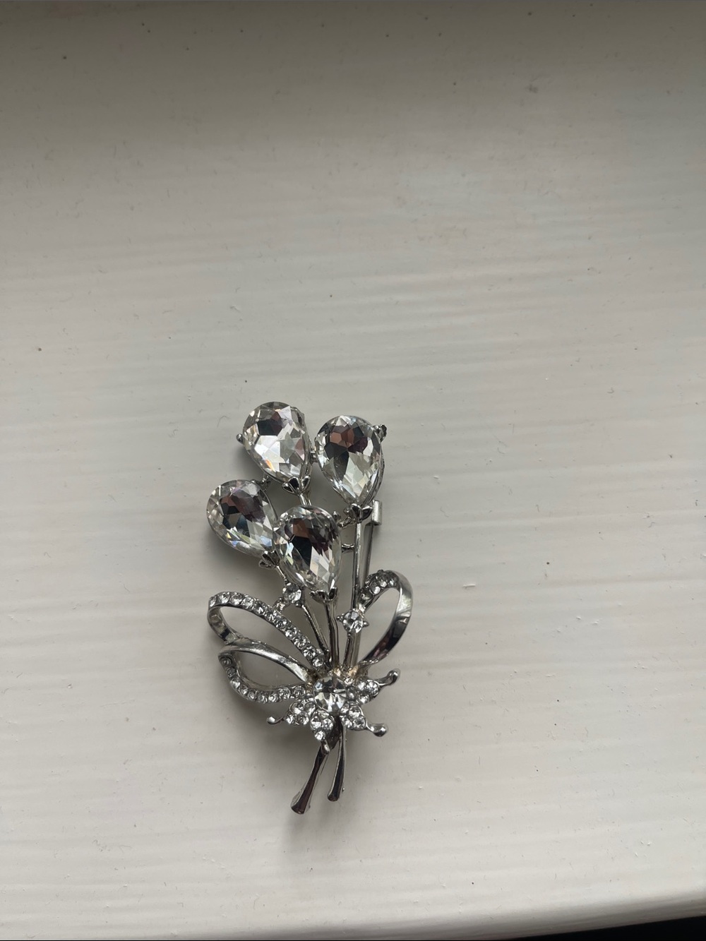 Crystal Teardrop Bouquet Brooch - Silver Tone